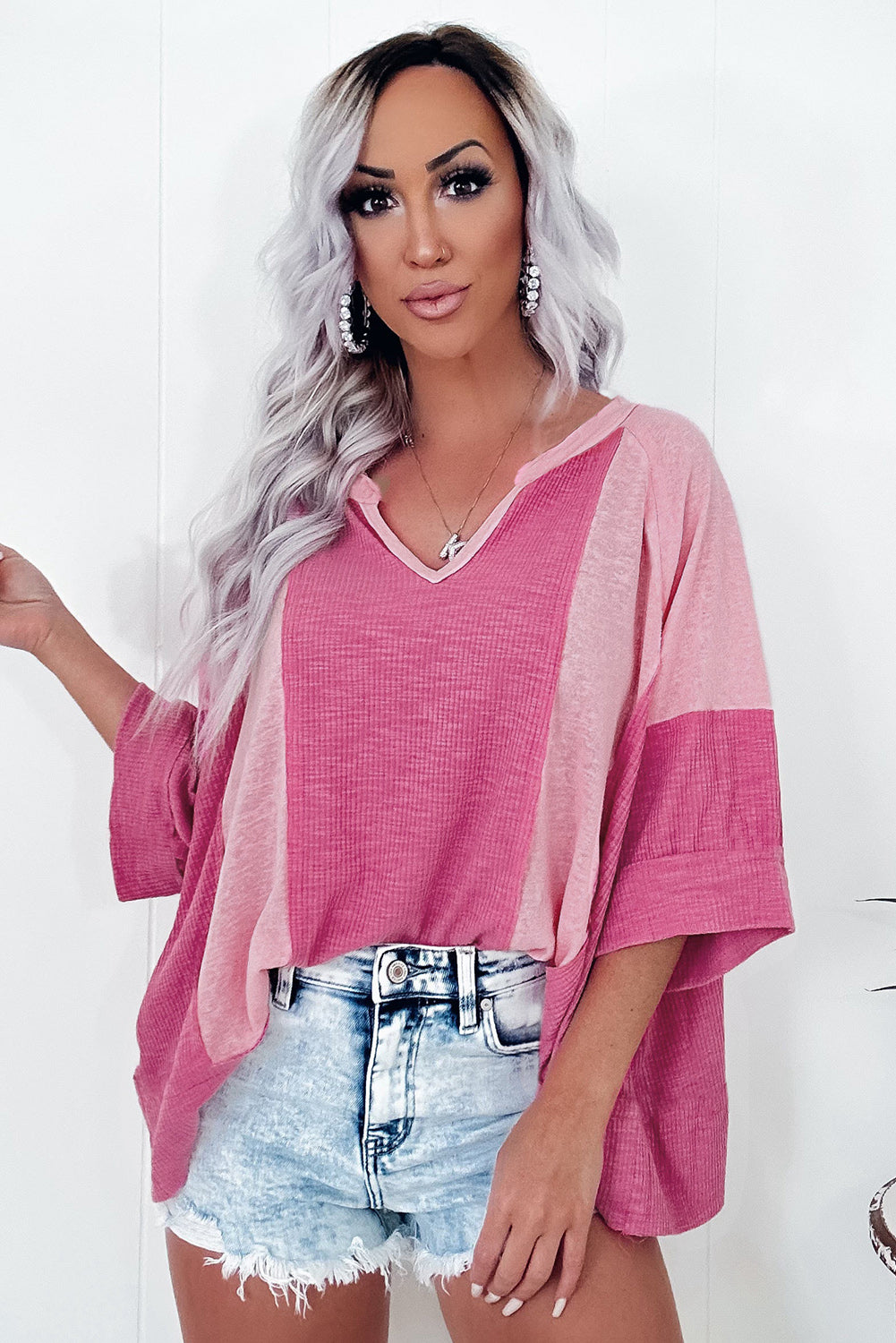 Textured Colorblock 3/4 Sleeve Oversize Top