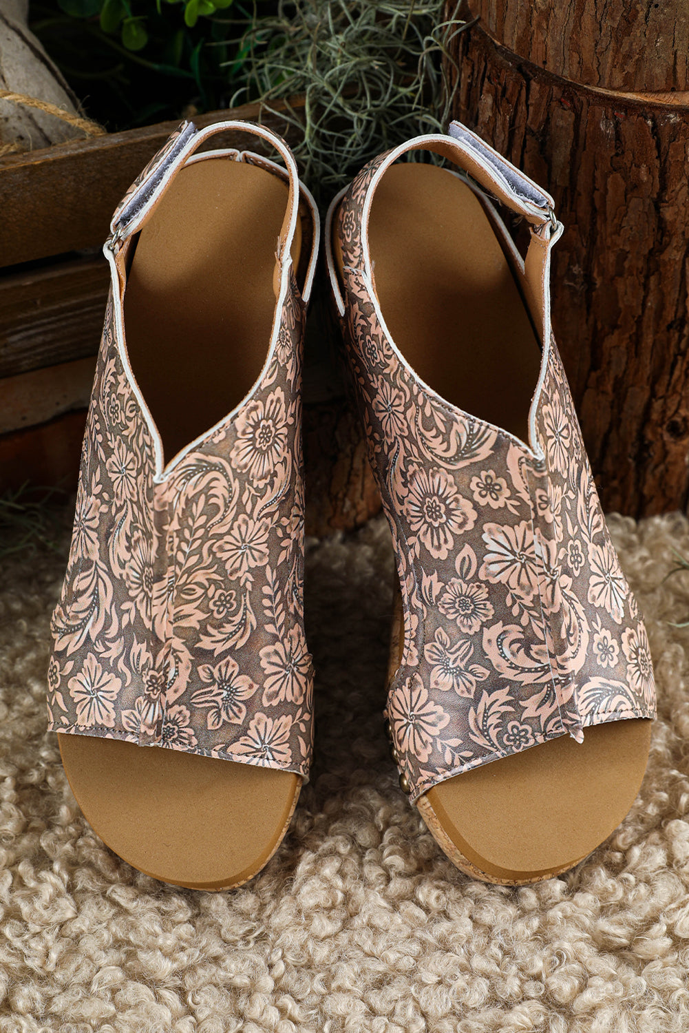Brown Vintage Floral Leather Rivet Platform Sandals
