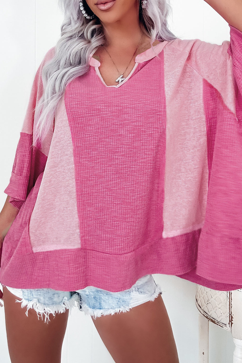 Textured Colorblock 3/4 Sleeve Oversize Top