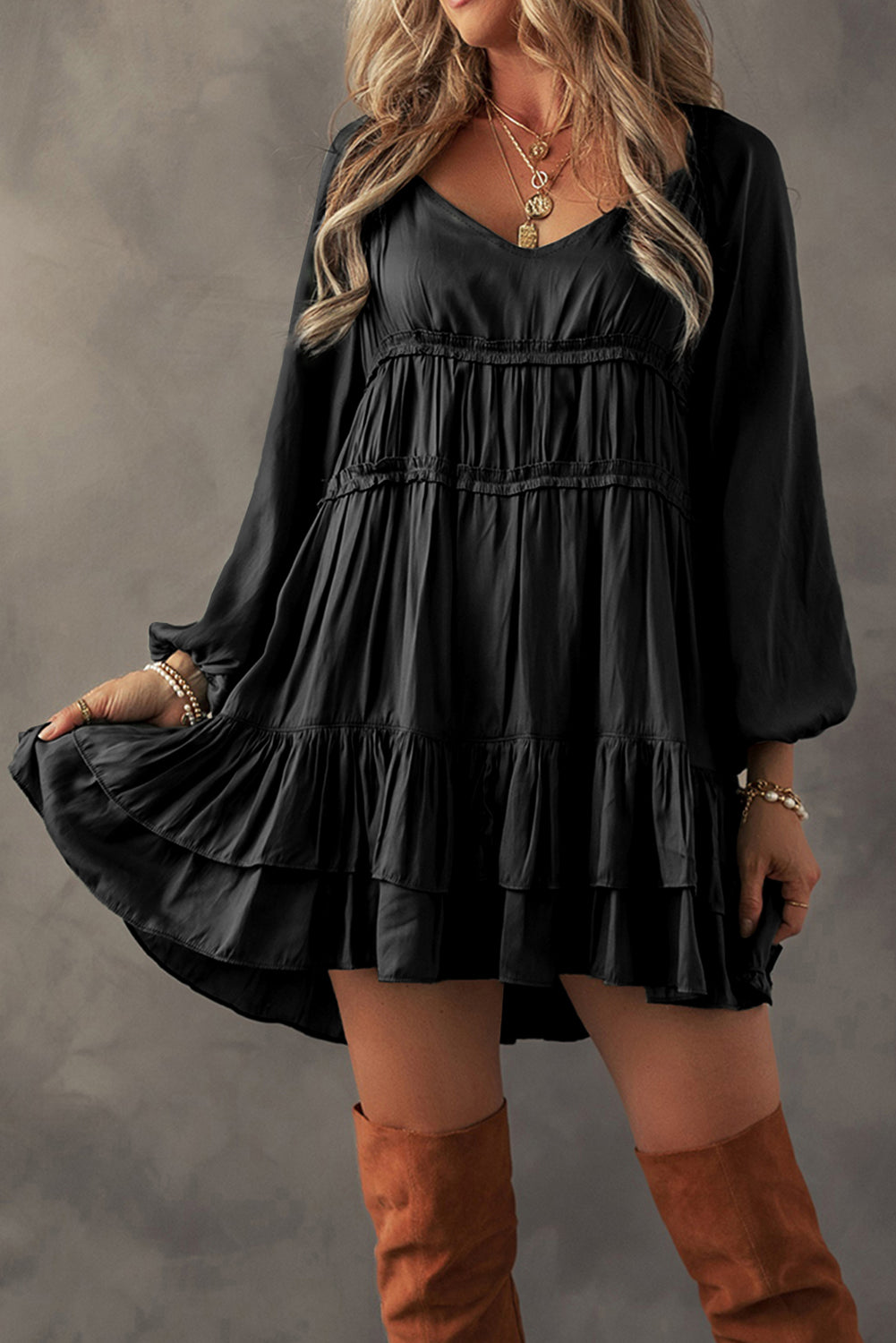 Tiered Ruffled Puff Sleeve Loose Fit Dress