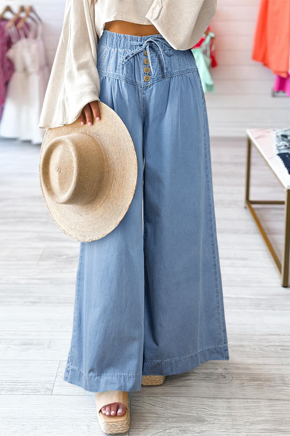 Button Fly Waist Wide Leg Jeans