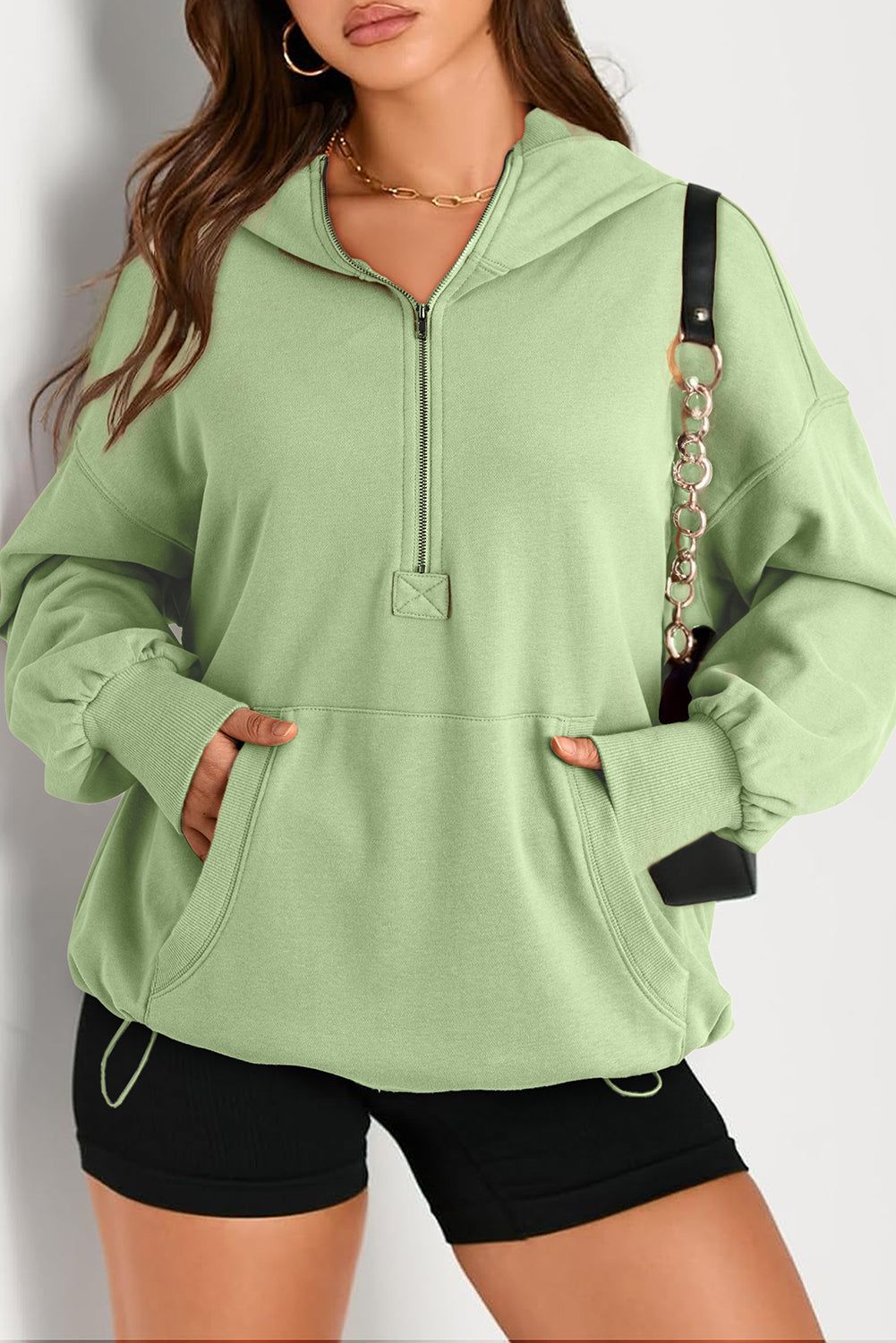 Solid Kangaroo Pocket Half Zipper Oversized Hoodie